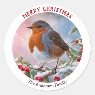 Sticker Rond Fête du Rouge-gorge de Noël Joyeux Noël
