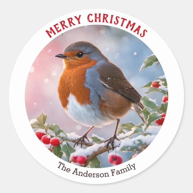 Sticker Rond Fête du Rouge-gorge de Noël Joyeux Noël (Devant)