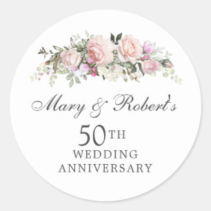 Sticker Rond Fête élégante de fleurs roses pour les 50 ans de m