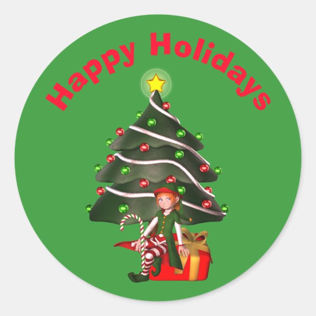 Sticker Rond Fête Fille Elf Noël Arbre  (Devant)