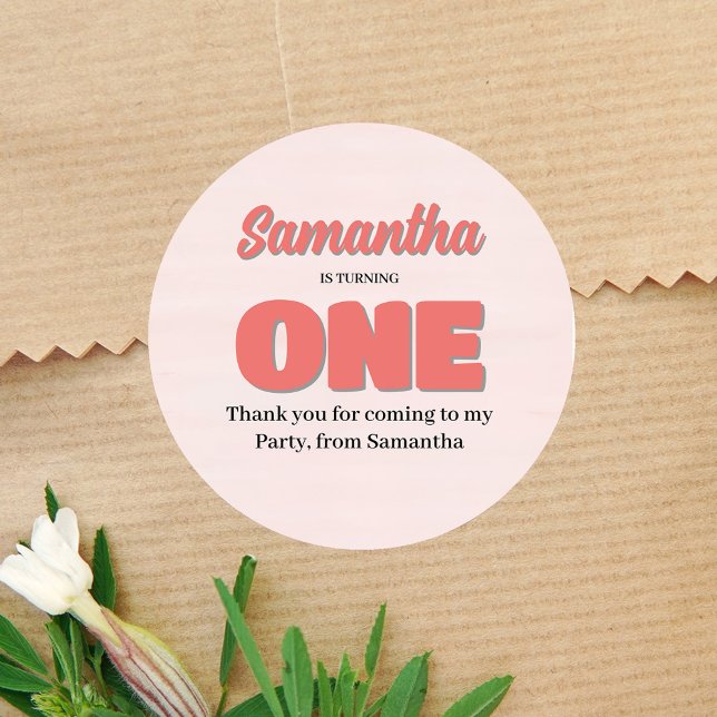 Sticker Rond Fête Fille Rose Premier Anniversaire (First Birthday Party Pink Custom Sticker)
