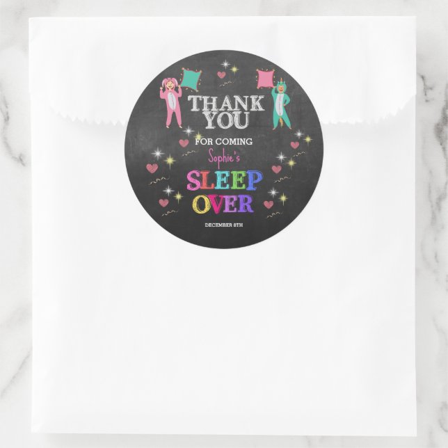 Sticker Rond Fête Fille Sleepover Anniversaire Merci (Sac)