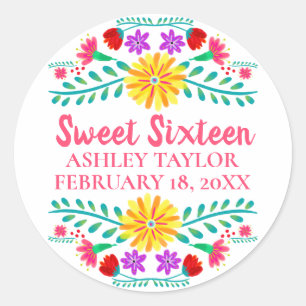 Sticker Rond Fête Florale Douze Ans Blanche Rose Fiesta Mexicai