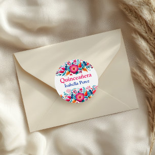 Sticker Rond Fête Florale Mexicaine Blanche de Quince Ans