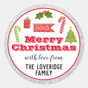 Sticker Rond Fête Joyeux Noël Rouge Parties scintillant argent