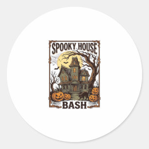 Sticker Rond Fête Maison Hantée Gravure Vintage Halloween Dé