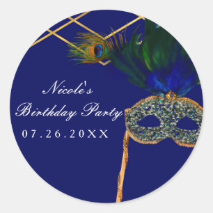 Sticker Rond Fête masquée de paon bleu et or, faveur personnali