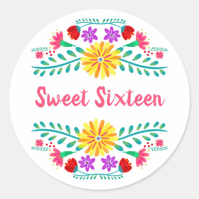 Sticker Rond Fête mexicaine blanche et rose sweet sixteen (Devant)