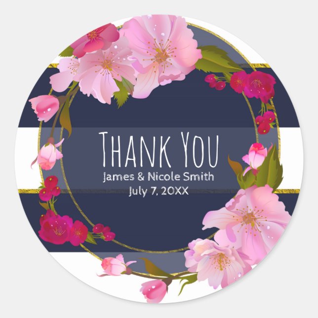 Sticker Rond Fête Moderne Florale Chic Glam Bleu Blanc et Or (Devant)