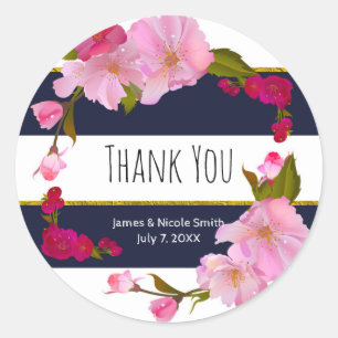 Sticker Rond Fête Moderne Florale Chic Glam Bleu Blanc et Or