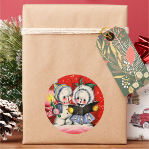 Sticker Rond fête Noël caroling neige enfants rétro vintage