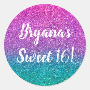 Sticker Rond Fête Pailletée Rose Turquoise Bleu et Violet Étinc