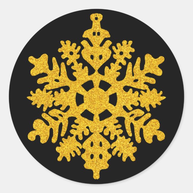 Sticker Rond Fête Paillettes d'Or et Flocons de Neige Noirs (Devant)