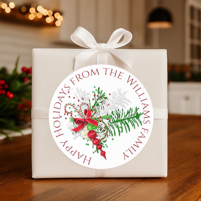 Sticker Rond Fête personnalisée Rouge Sucre de canne blanc Vert (Créateur téléchargé)