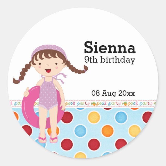 Sticker Rond Fête Piscine (Fille) (Devant)