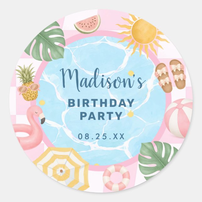 Sticker Rond Fête Piscine Fille Anniversaire Été (Devant)