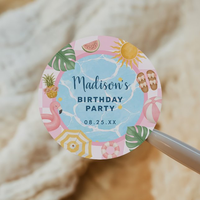 Sticker Rond Fête Piscine Fille Anniversaire Été (Créateur téléchargé)