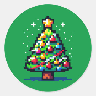 Sticker Rond Fête Pixelée : 8 bits Conception d'arbre de Noël