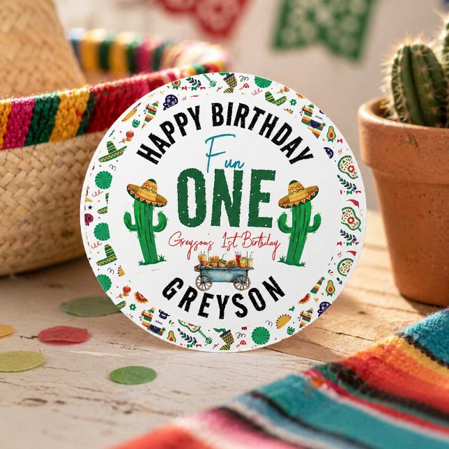 Sticker Rond Fête Première | Fête d'anniversaire 1 an (Fiesta First | 1st Birthday Party Classic Round Sticker)