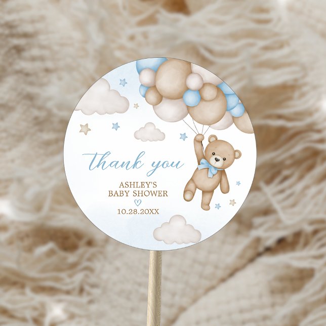 Sticker Rond Fête Prénatale Ballons Ours Bleu (Blue Bear Balloons Baby Shower Sticker)