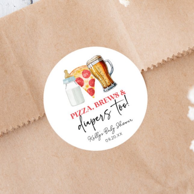 Sticker Rond Fête Prénatale Pizza Bières et Couches ! (Créateur téléchargé)