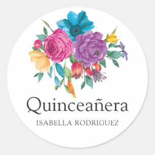 Sticker Rond Fête Quinceañera Florale Aquarelle