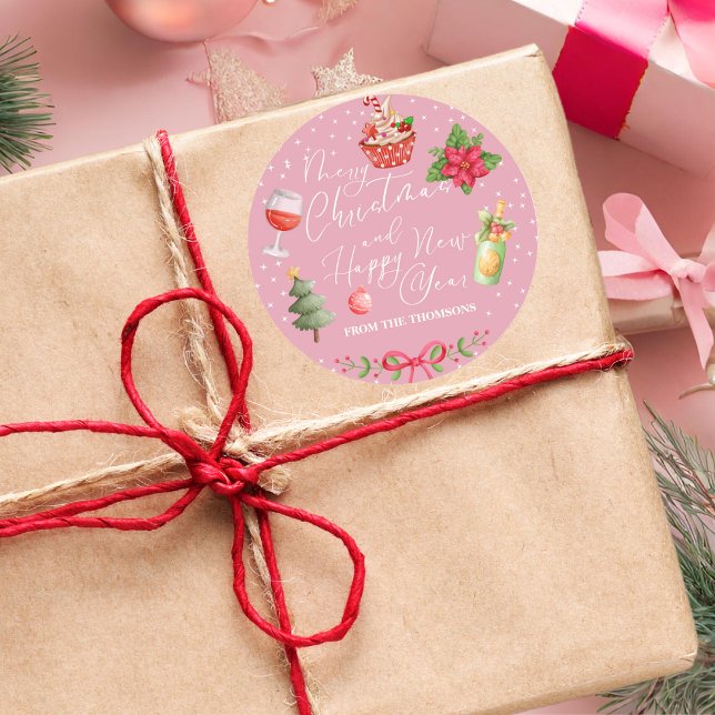 Sticker Rond Fête rose moderne Joyeux Noël et Nouvel An (Créateur téléchargé)