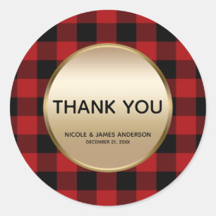 Sticker Rond Fête Rustique Rouge Écarlate Plaid Doré Traitement