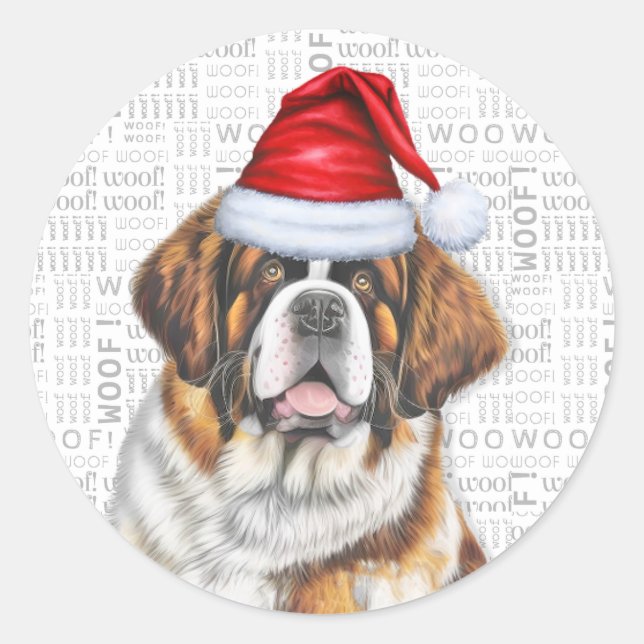 Sticker Rond Fête Saint Bernard Chien et Woof Art Noël (Devant)