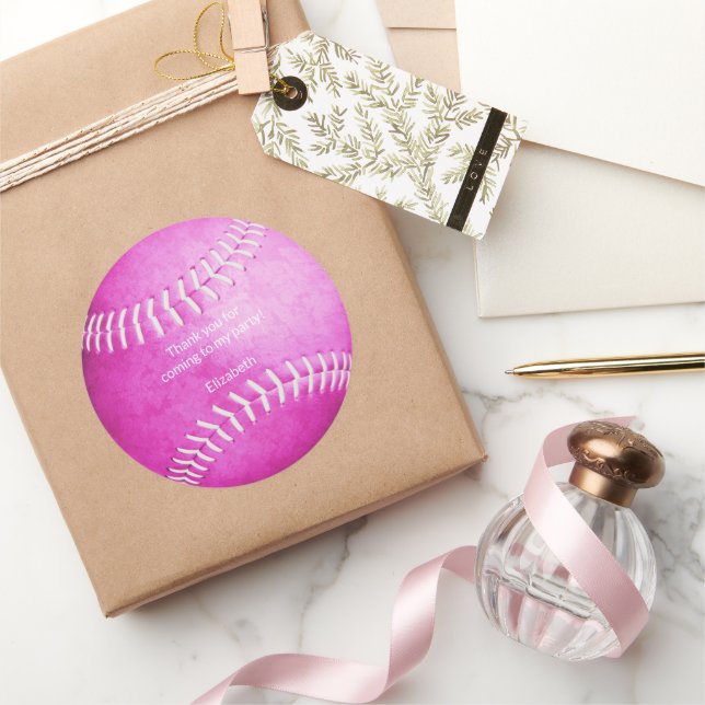 Sticker Rond fête sportive de softball rose vif merci (Cadeaux)