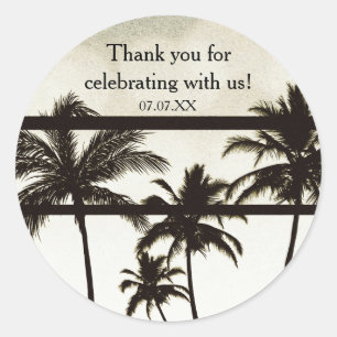 Sticker Rond Fête sur la Plage Palmiers Tropical Blanc Glam