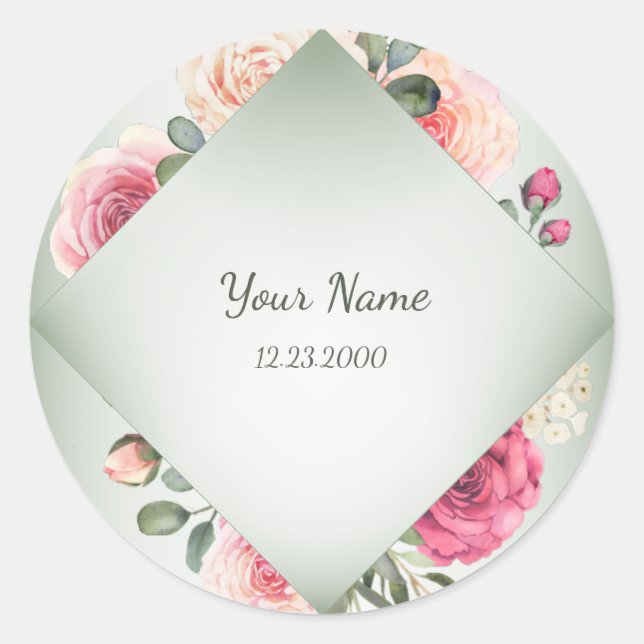 Sticker Rond Fête Verte Géométrique Rustique Florale Rose (Devant)