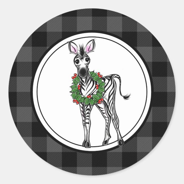 Sticker Rond Fête Zebra, couronne sainte, plaid gris (Devant)
