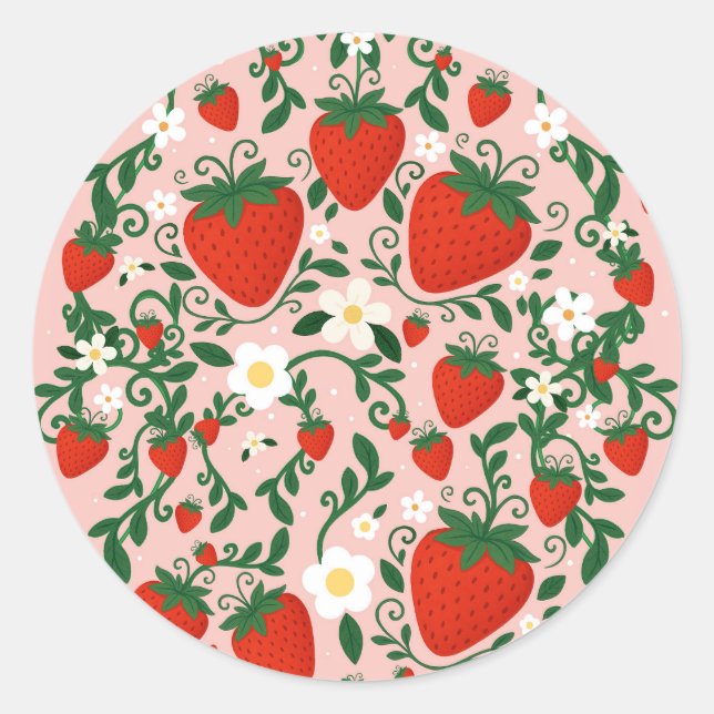 Sticker Rond Fêtes aux fraises et vignes florales rose et rouge (Devant)