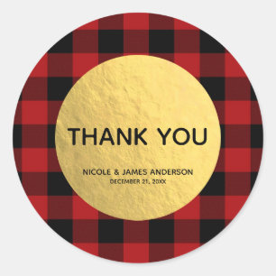 Sticker Rond Fêtes Rustiques Rouge Plaid Buffalo Feuille d'Or G