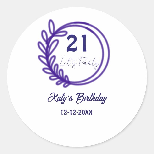 Sticker Rond FÊTONS LES 21 ANS nom FLEUR RONDE VIOLETTE (Devant)