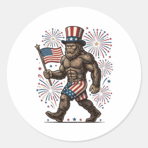 Sticker Rond Feu d'artifice patriotique Sasquatch Gravure vinta