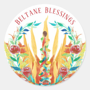 Sticker Rond Feu de Beltane Maypole & Fleurs d'été