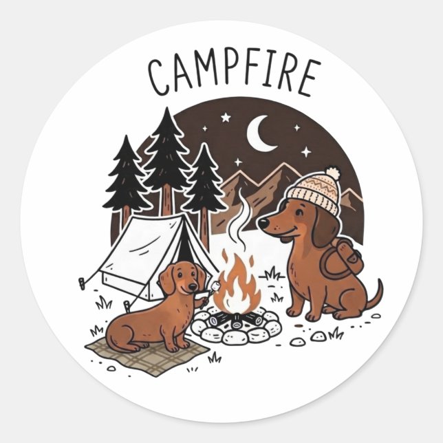 Sticker Rond Feu de camp Dachshund Chiens Camping Nuit (Devant)