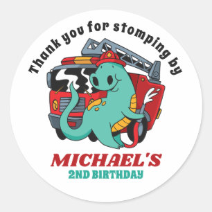 Sticker Rond Feu de pompier Dinosaur Cartoon Anniversaire de en