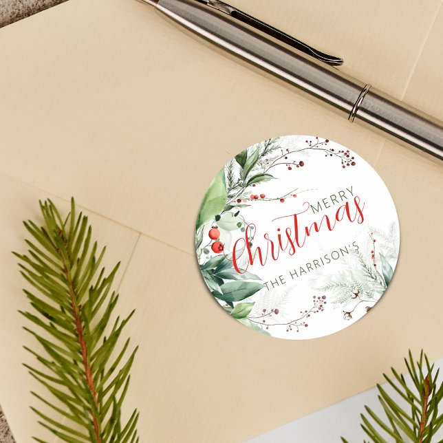 Sticker Rond Feuillage aquarelle festif Joyeux Noël (Festive Watercolor Greenery Merry Christmas Classic Round Sticker)