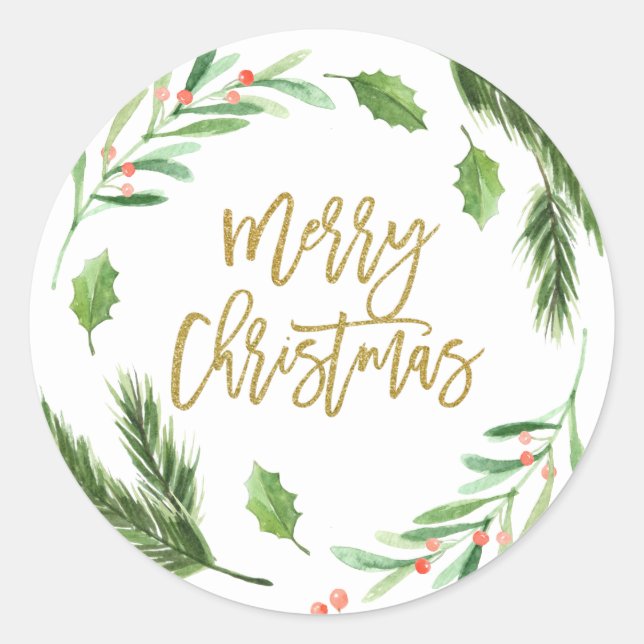 Sticker Rond Feuillage de baie de houx à l'aquarelle Noël (Devant)