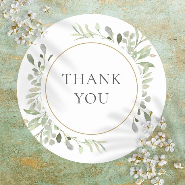 Sticker Rond Feuillage de verdure botanique Merci (Botanical Greenery Foliage Thank You Classic Round Sticker)