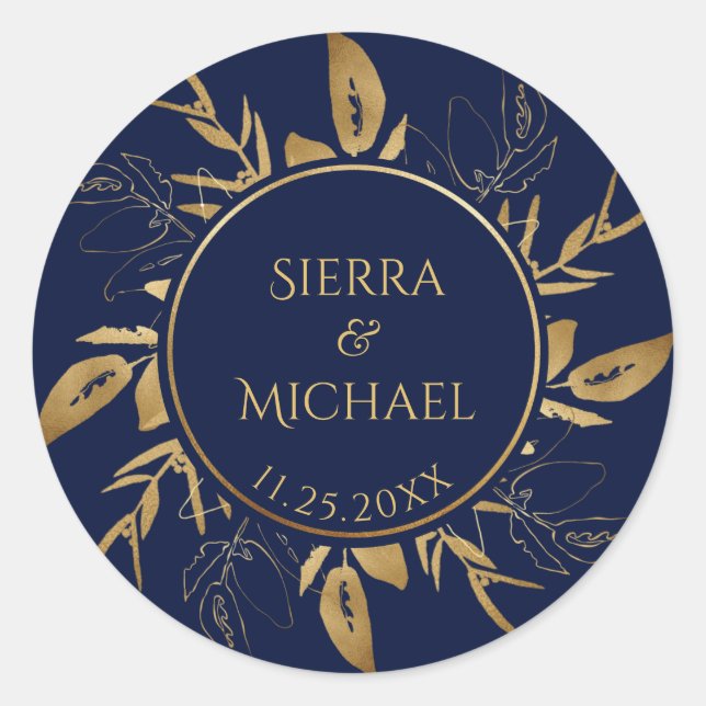 Sticker Rond Feuillage doré | Elegant Mariage bleu marine or (Devant)