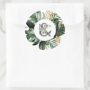 Sticker Rond Feuillage Estival Luxueux   Monogramme de Mariage 