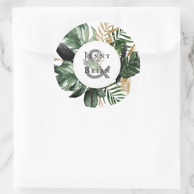 Sticker Rond Feuillage Estival Luxueux | Monogramme de Mariage  (Sac)