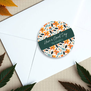 Sticker Rond Feuillage et fleurs orange et bleu Personnalisé