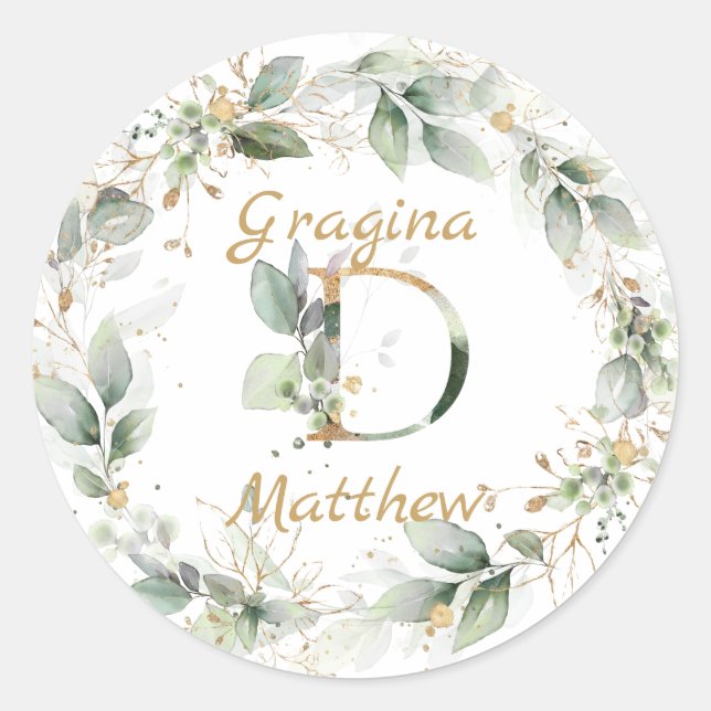 Sticker Rond Feuillage vert et or Monogramme Mariage de couronn (Devant)