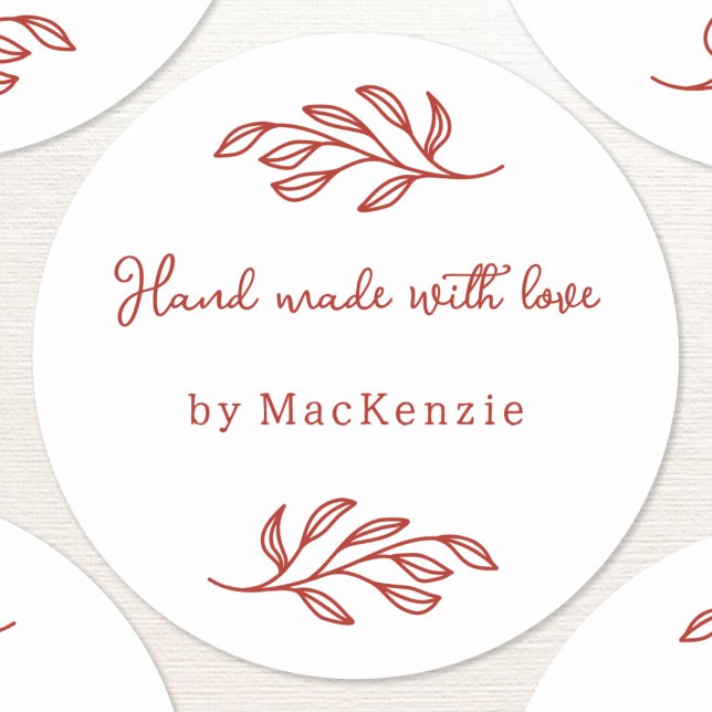 Sticker Rond Feuille botanique faite à la main avec amour  (Modern red and white personalized Handmade with Love sticker for bakers and makers. Festive and fun)