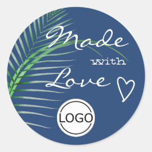 Sticker Rond Feuille d'arbre bleu faite avec amour Logo Modèle 